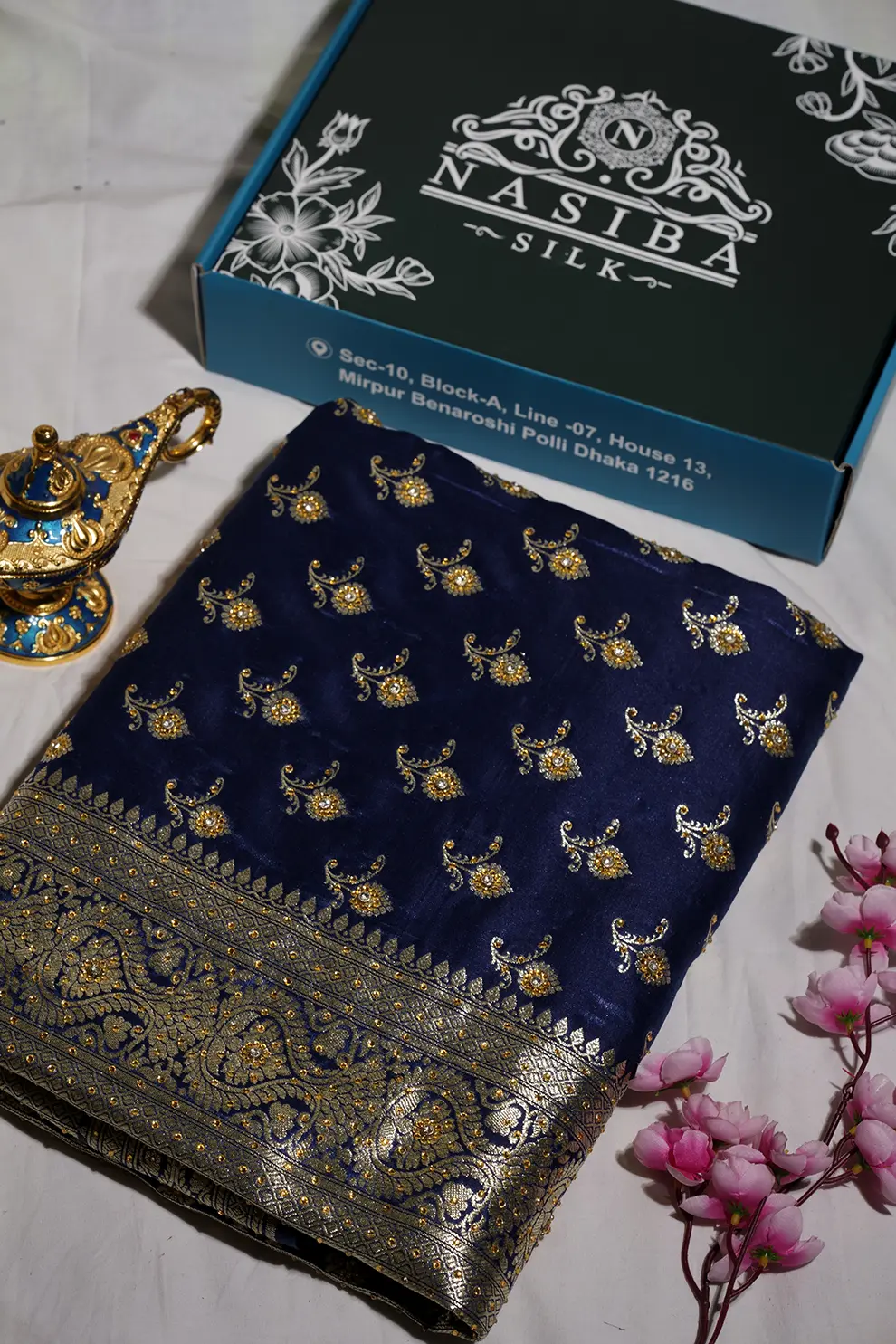 Deep Navy Blue Pure Maharashtra Saree with Hand Jharkan Stone Work